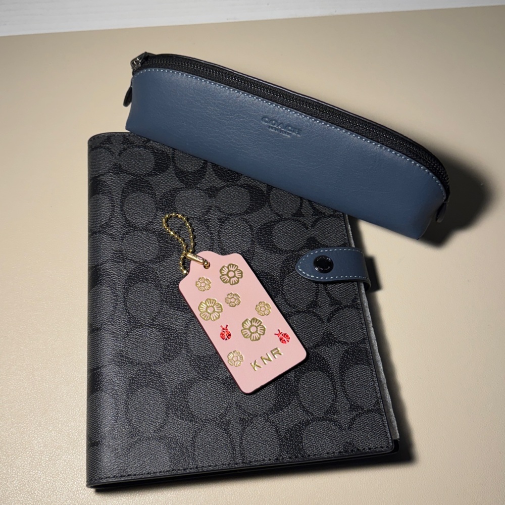 NWT Coach black & blue signature print notebook & pencil case